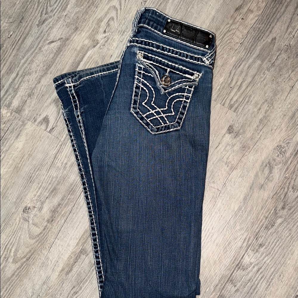 Vintage L.A. Idol Blue Boot Cut Jeans with Rhinestone Buttons andWhite Stitching